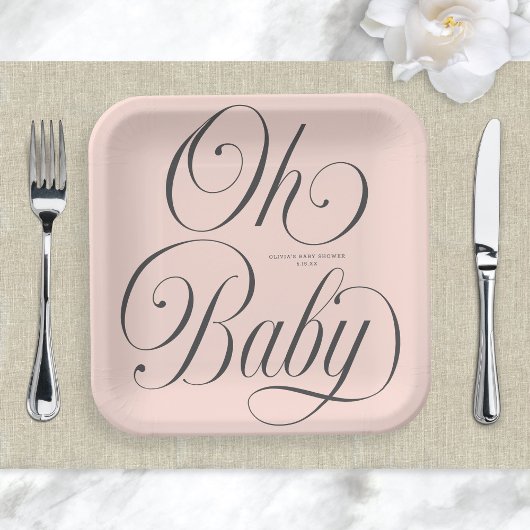 Oh Baby Elegant Script Blush Pink Girl Baby Shower ペーパープレート