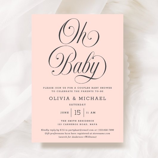 Oh Baby Elegant Script Blush Pink Girl Baby Shower 招待状