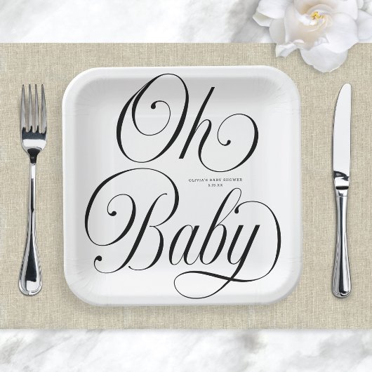 Oh Baby Elegant Script Gender Neutral Baby Shower ペーパープレート