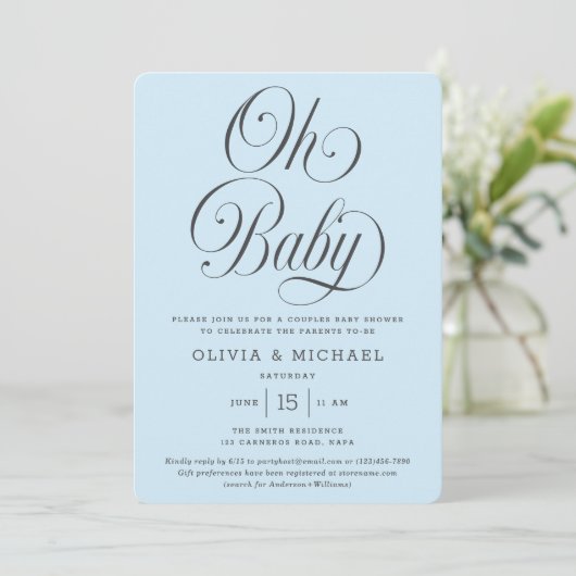 Oh Baby Elegant Script Light Blue Boy Baby Shower 招待状 (スタンド正面)