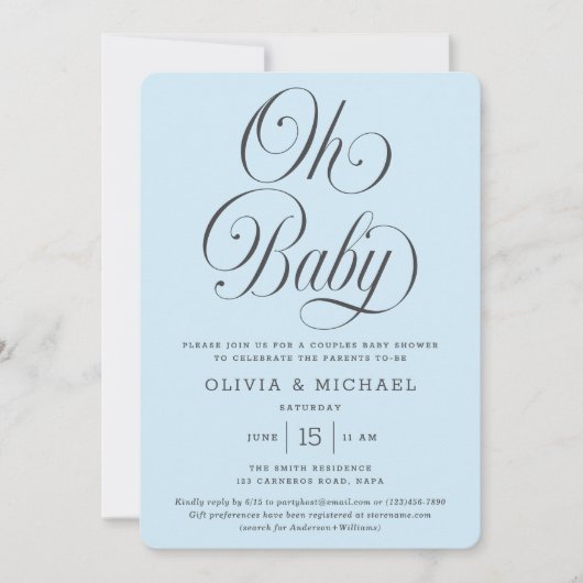 Oh Baby Elegant Script Light Blue Boy Baby Shower 招待状 (正面)