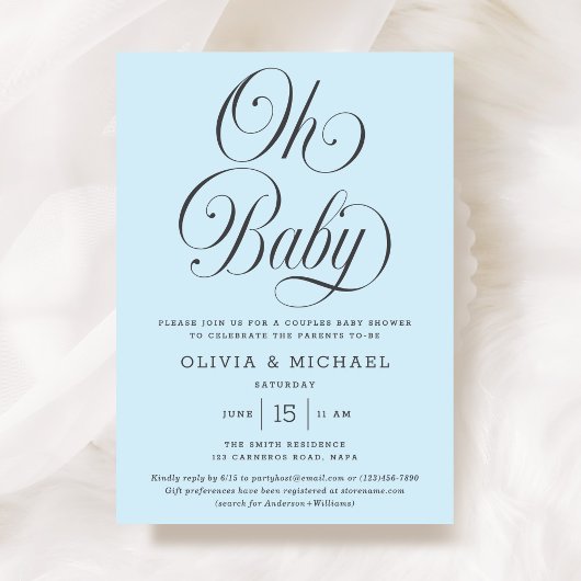 Oh Baby Elegant Script Light Blue Boy Baby Shower 招待状