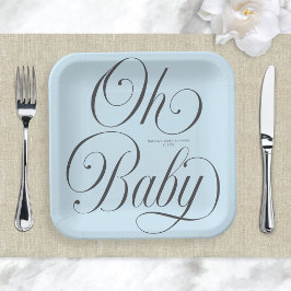 Oh Baby Elegant Script Lt. Blue Boy Baby Shower ペーパープレート