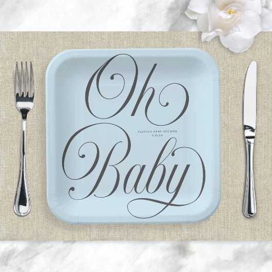 Oh Baby Elegant Script Lt. Blue Boy Baby Shower ペーパープレート