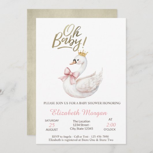 Oh Baby Elegant Swan Bow Crown Flowers 招待状 (正面/裏面)