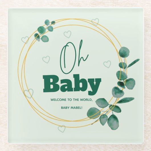 Oh Baby Eucalyptus Leaves Baby Shower ガラスコースター (正面)