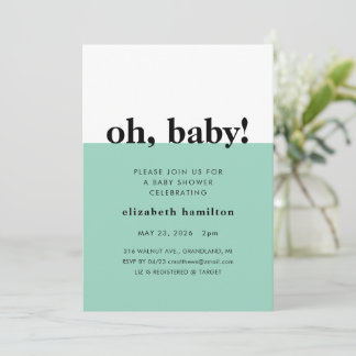 Oh Baby! Green and White Baby Shower Invitation 招待状