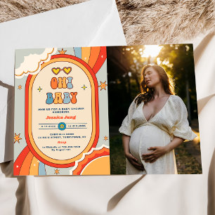Oh Baby Groovy Retro Rainbow Baby Shower写真 招待状
