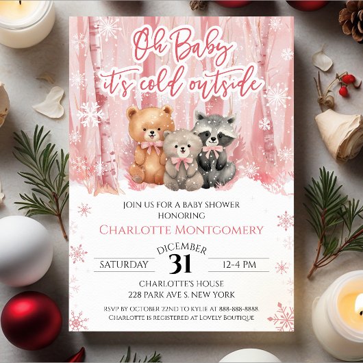 Oh Baby its cold outside Pink Baby Shower 招待状