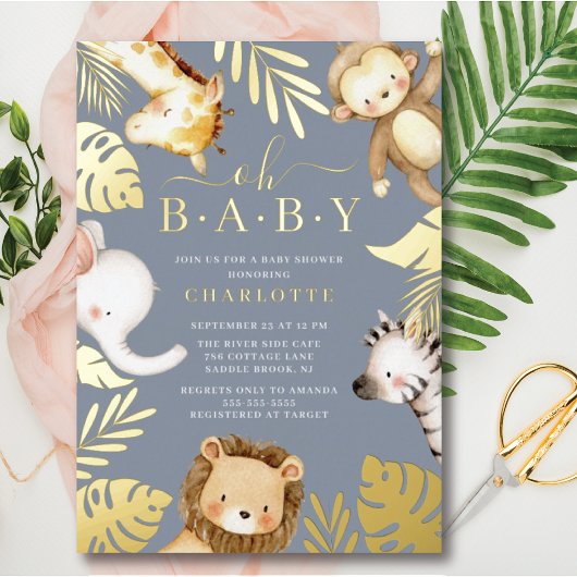 Oh Baby Jungle Baby Shower フォイル招待状 箔招待状