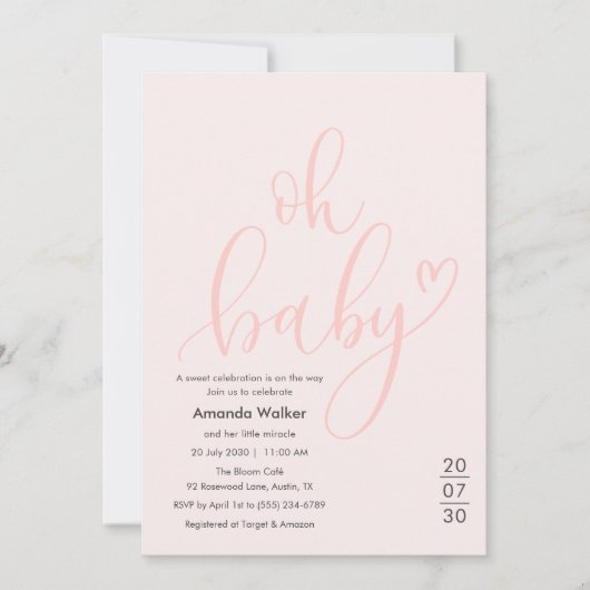 Oh Baby! Minimal Elegant Pink Script Baby Shower 招待状 (正面)