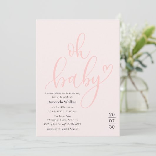 Oh Baby! Minimal Elegant Pink Script Baby Shower 招待状 (スタンド正面)