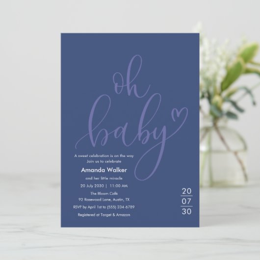 Oh Baby! Minimal Typography Blue Baby Shower  招待状 (スタンド正面)
