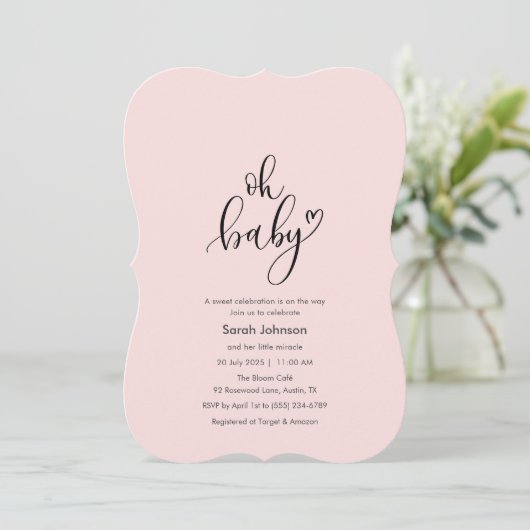 Oh Baby! Minimal Typography Pink Baby Shower 招待状 (スタンド正面)