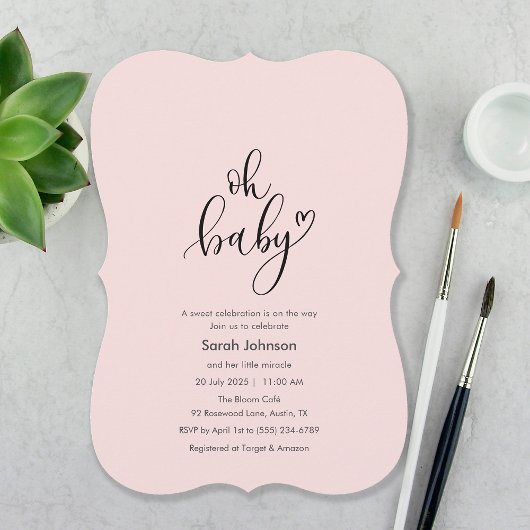 Oh Baby! Minimal Typography Pink Baby Shower 招待状