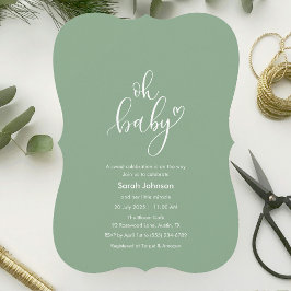 Oh Baby! Minimal Typography Sage Green Baby Shower 招待状