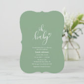 Oh Baby! Minimal Typography Sage Green Baby Shower 招待状 (スタンド正面)