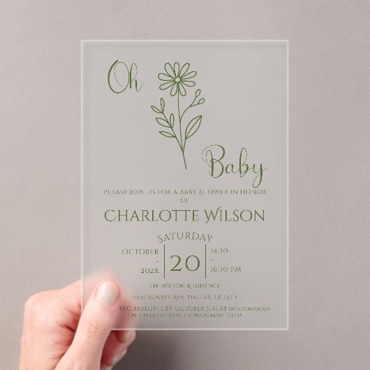 Oh Baby Minimalist Wildflower Baby Shower アクリル招待状 (インサイチュ (ポータブル))