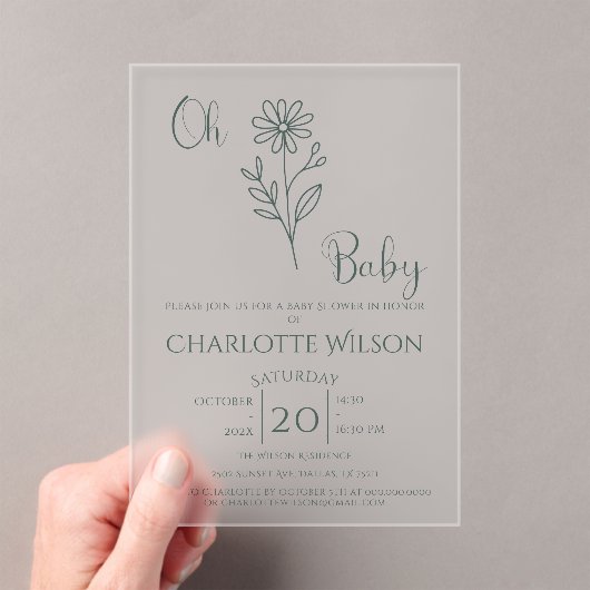Oh Baby Minimalist Wildflower Baby Shower アクリル招待状 (インサイチュ (ポータブル))