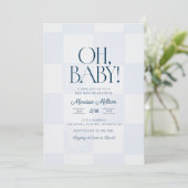 Oh Baby Modern Blue Checkered Baby Shower 招待状 (スタンド正面)