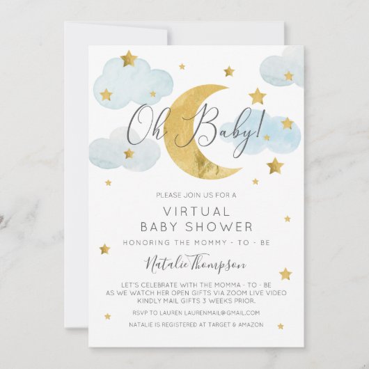 Oh Baby Moon & Stars theme Virtual Baby Shower 招待状 (正面)