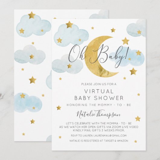 Oh Baby Moon & Stars theme Virtual Baby Shower 招待状 (正面/裏面)