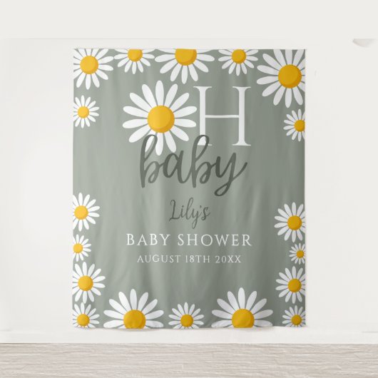 Oh Baby Neutral Daisy Baby Shower Photo Backdrop タペストリー (正面)