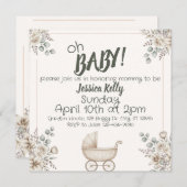 Oh Baby Neutral Floral Minimalist baby shower 招待状 (正面/裏面)