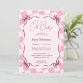 Oh Baby Pink Gingham Bows Baby Shower 招待状 (スタンド正面)