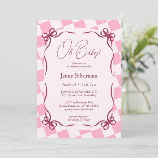 Oh Baby Pink Gingham Bows Baby Shower 招待状 (スタンド正面)