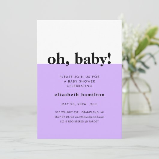 Oh Baby! Purple and White Baby Shower Invitation 招待状 (スタンド正面)