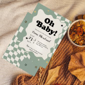 Oh Baby! Retro Checkered Sage Green Baby Shower  招待状