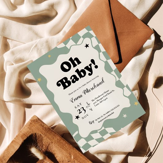Oh Baby! Retro Checkered Sage Green Baby Shower  招待状