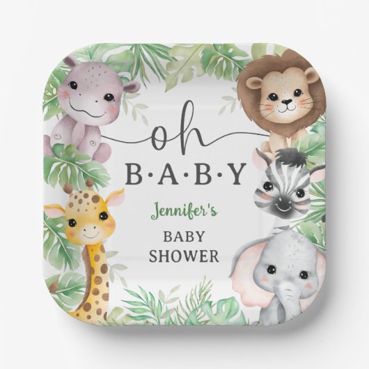 Oh Baby Safari Animals Baby Shower Jungle ペーパープレート (正面)