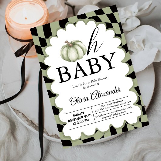 Oh Baby Sage Greenチェック柄ベビーシャワー 招待状