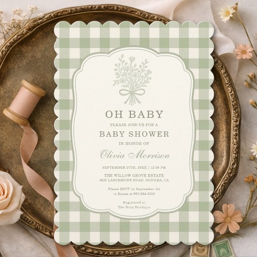 Oh Baby Sage Green Gingham Baby Shower 招待状