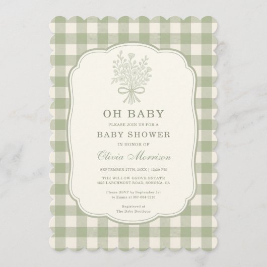 Oh Baby Sage Green Gingham Baby Shower 招待状 (正面)