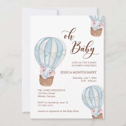 Oh Baby Script Elephant in Hot Air Balloon Shower 招待状 (正面)