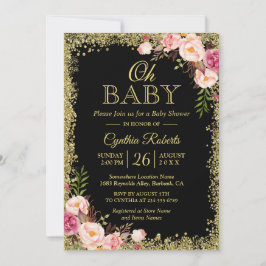 Oh Baby Shower – ブラック金ゴールドグリッターピンクフローラ 招待状
