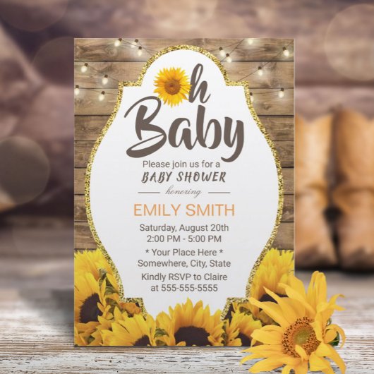 Oh Baby Shower 素朴 Sunflowers & String Lights 招待状