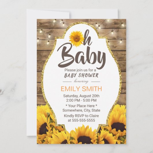 Oh Baby Shower 素朴 Sunflowers & String Lights 招待状 (正面)