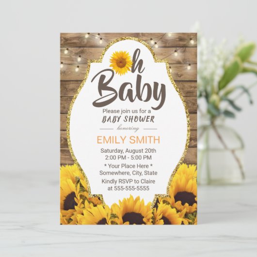 Oh Baby Shower 素朴 Sunflowers & String Lights 招待状 (スタンド正面)