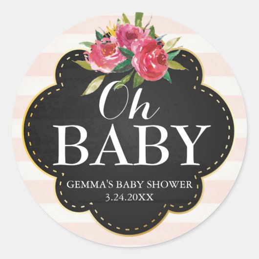 Oh Baby Shower Party Favorステッカー – ストライプ ラウンドシール (正面)