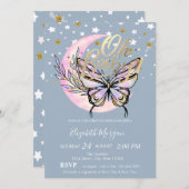 Oh Baby Stars Moon Butterfly Blue Baby Shower 招待状 (正面/裏面)