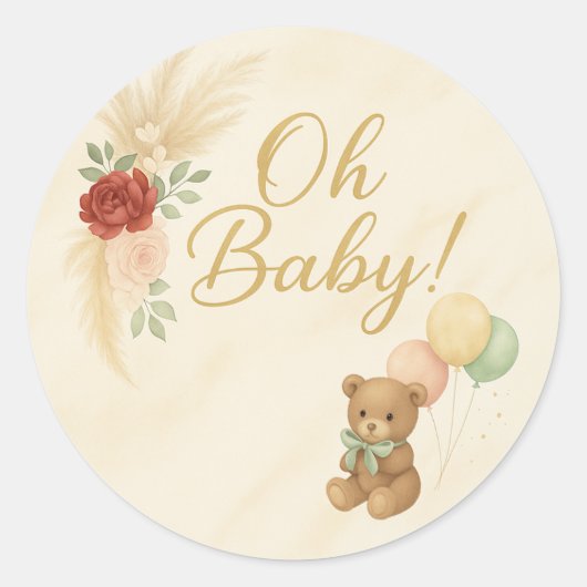 Oh Baby! Teddy Bear & Pampas Baby Shower Sticker ラウンドシール (正面)
