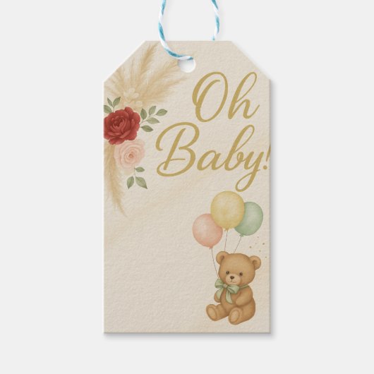 Oh Baby! Teddy Bear & Pampas Floral Baby Shower  ギフトタグ (正面)