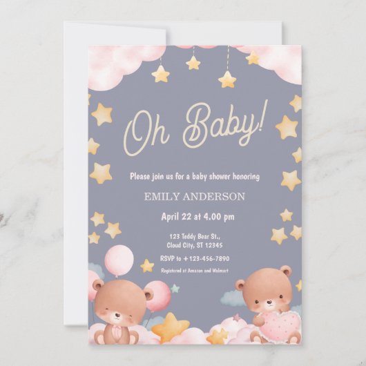 Oh Baby Teddy Bear Twinkle Little Star Baby Shower 招待状 (正面)