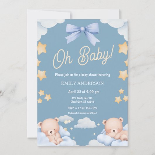 Oh Baby Teddy Bear Twinkle Little Star Baby Shower 招待状 (正面)