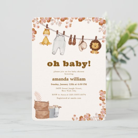 Oh Baby Wild Jungle Safari Clothesline Baby Shower 招待状 (スタンド正面)