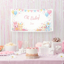 Oh Baby Woodland Cute Bunny Pastel Baby Shower 横断幕